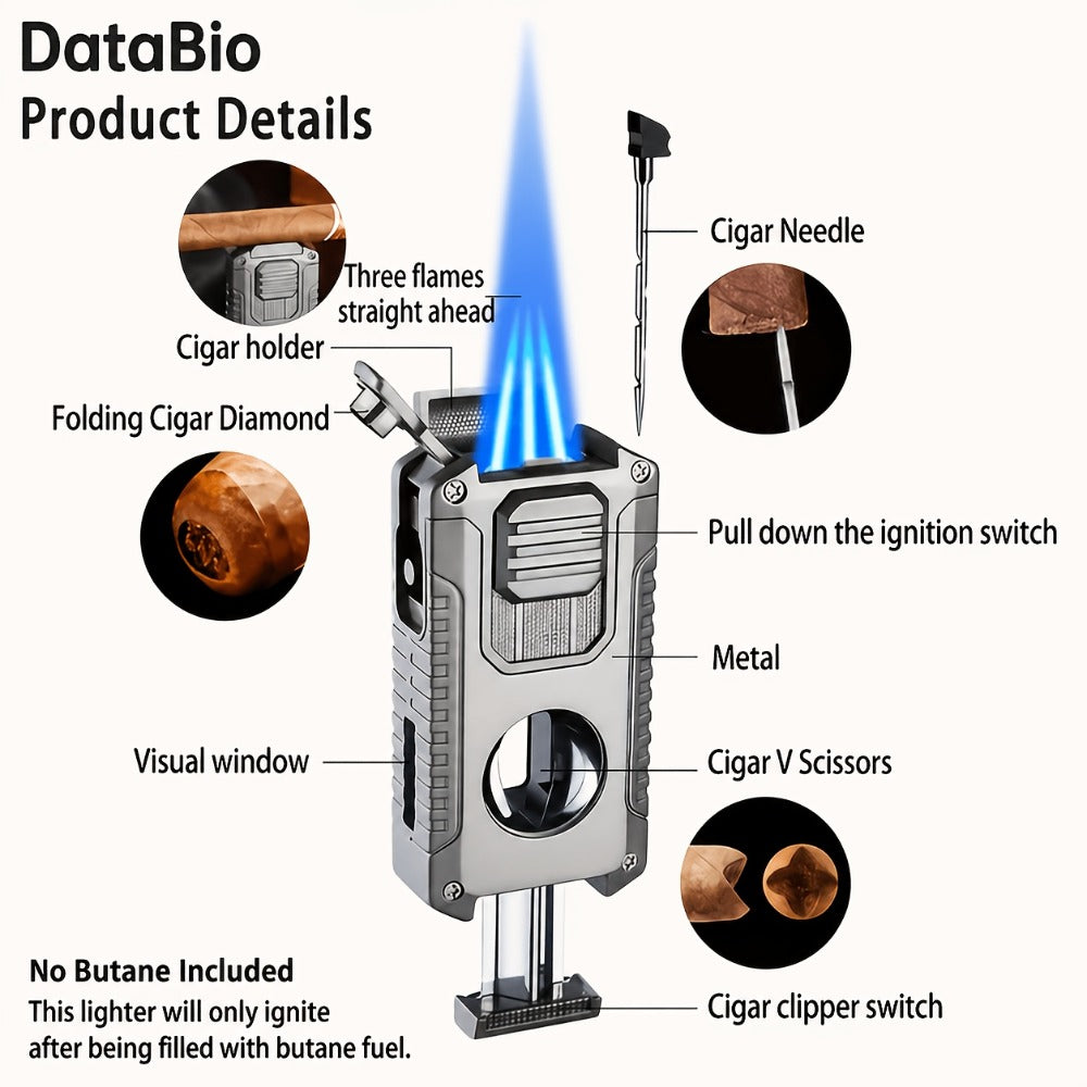 Windproof Tri-Jet Flame Butane Lighter 5-in-1 Metal Refillable - Adjustable Flame Cigar Lighter with Transparent Gas Chamber for BBQ Camping Candles Gift