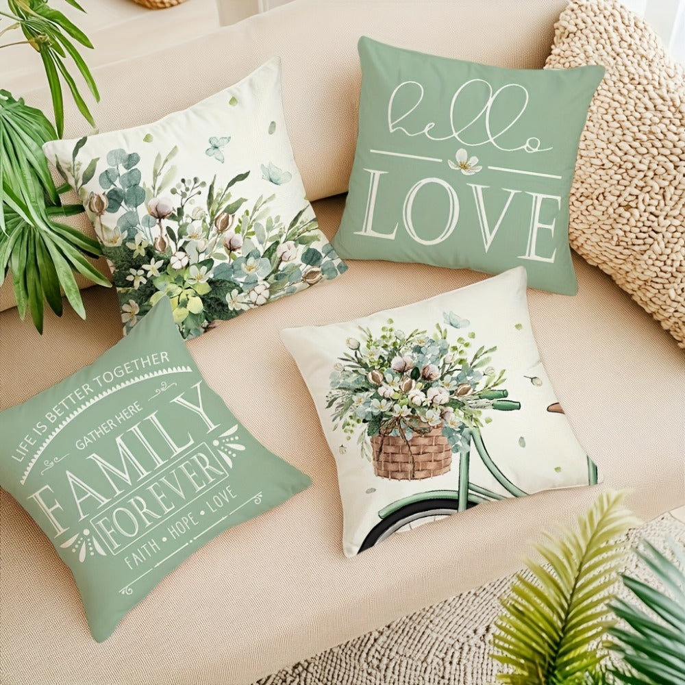 Farmhouse Eucalyptus Leaves Throw Pillow Covers 4 Pack Floral Bicycle Spring Summer Seasonal Decor Cushion Covers 18x18 Inch Rustic Holiday Pillowcases for Sofa Couch Porch Patio Living Room Outdoor