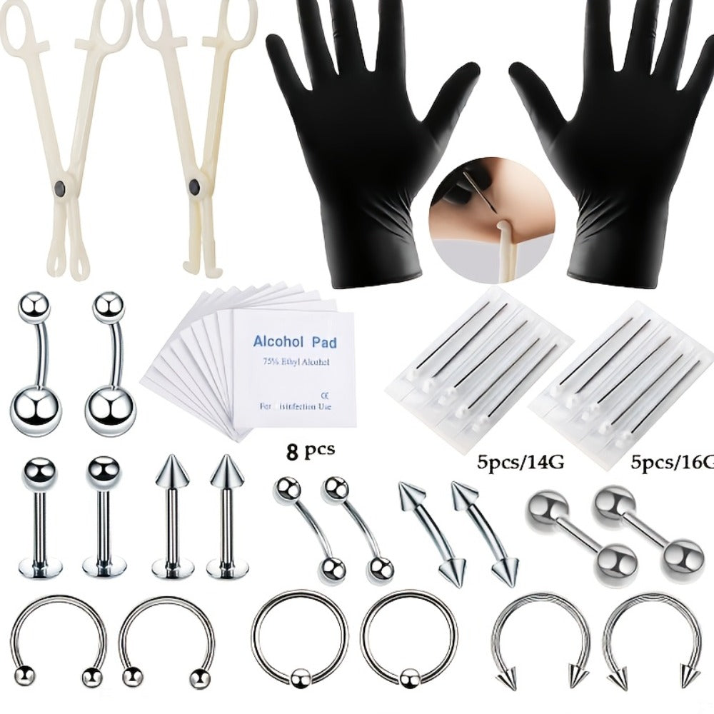 Piercing Kit Stainless Steel Random Set ¨C Nose Bone Ear Tragus Lip Belly Button Eyebrow Piercing Needle Tools with Stainless Steel Jewelry, Trendy Body Piercing Accessories for Men and Women