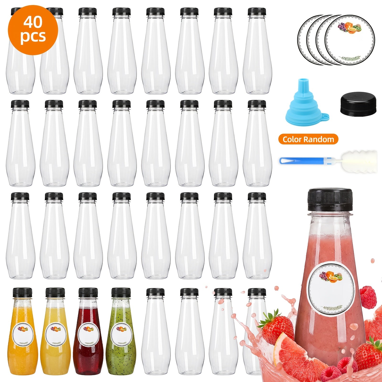 40pcs 12oz Empty Plastic Juice Bottles with Caps Bulk Reusable Clear Bottles for Juice Smoothies Tea Coffee 7.3x2.36in with Funnel & Brush