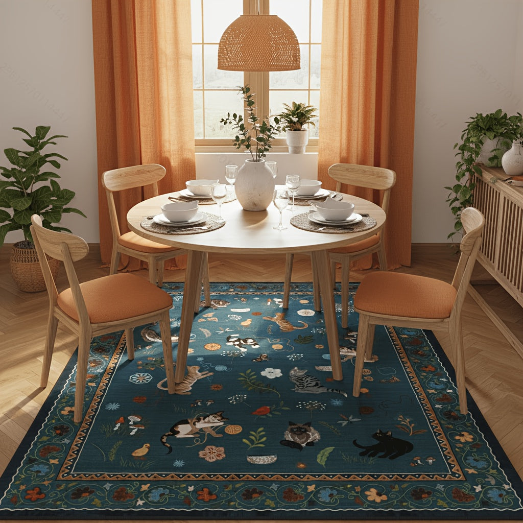 Boho Cat Floral Area Rug ¨C Vintage Blue Animal Print Low Pile Carpet, Non-Slip Soft Rug for Living Room, Bedroom & Dining Room, Round & Runner Sizes, Easy Clean