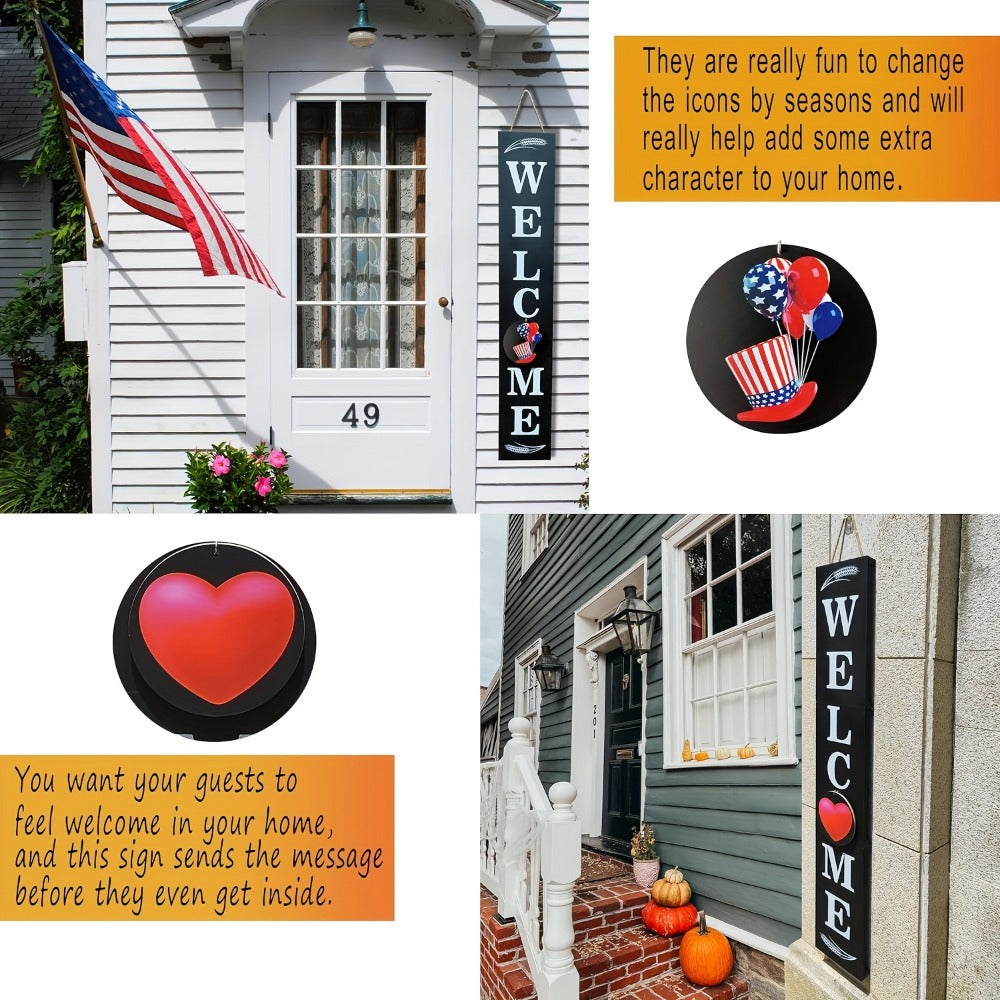 Porch Sign with 12 Interchangeable Seasonal Icons 47 Inch Tall - Welcome Sign for Front Door, Wind Resistant Leaner Board for Patio Yard Farmhouse Entryway, 4th of July Independence Day Decor