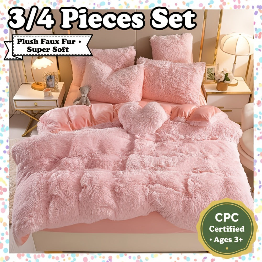 Faux Fur Duvet Cover Set Twin Queen King Super Soft Plush Comforter Cover with Pillowcases Heart Pillow for Kids Teens Machine Washable Bedroom Decor