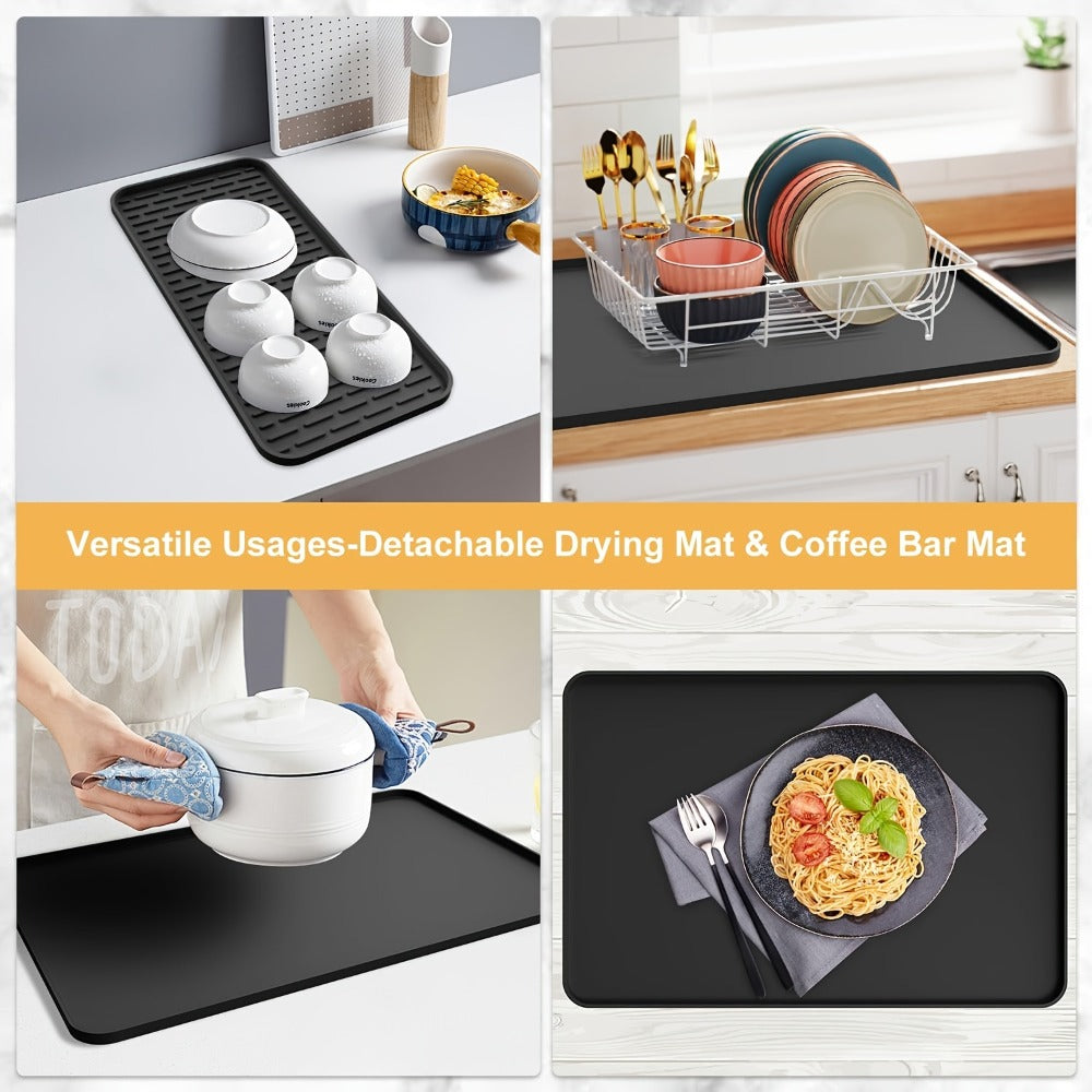 Silicone Coffee Mat with Side Pad 2-in-1, Heat-Resistant Espresso Machine Mat for Kitchen Countertop, Non-Slip Drying Mat for Coffee Bar Accessories, Easy to Clean 23.6x15.7in