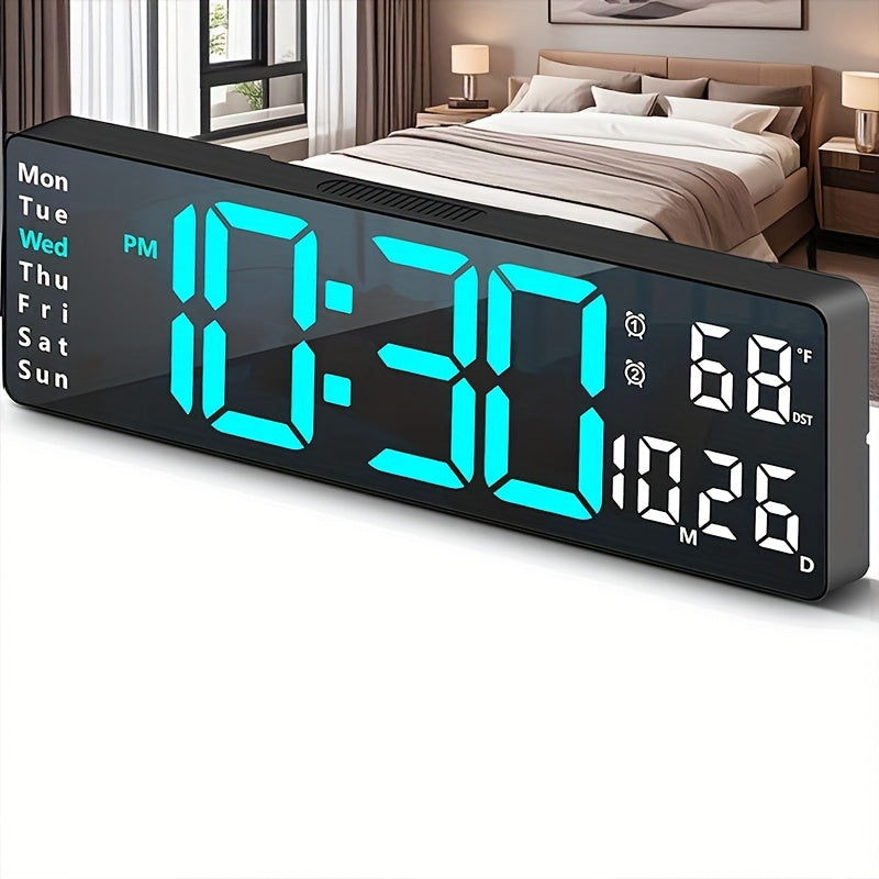 Large Digital Wall Clock 16 Inch LED Color Display, Smart Auto-Dimming 10-Level Brightness, Time Temperature Humidity Monitor, Dual Alarm with Snooze, USB Powered with Remote Control for Living Room Office Bedroom