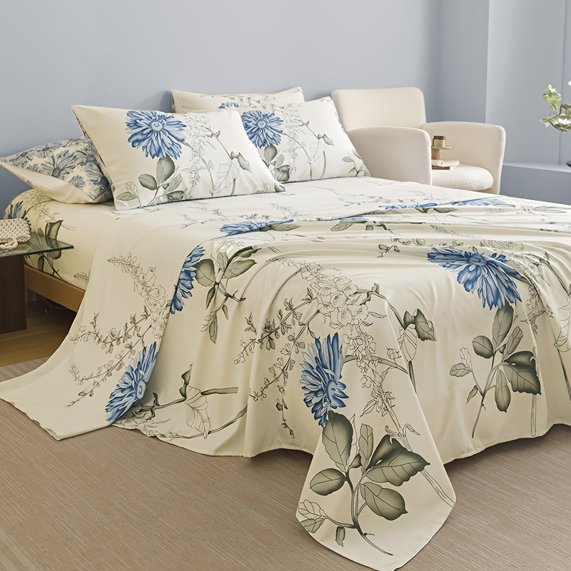 Floral Bedding Set 4-Piece ¨C 1 Fitted Sheet + 1 Flat Sheet + 2 Pillowcases | Soft Breathable Polyester | All-Season Flower Print Bed Sheet Set | Machine Washable | Twin Full Queen King