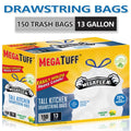 Drawstring Trash Bags 13 Gallon, 150 Count Tall Kitchen Garbage Bags, Puncture & Tear Resistant, Odor Eliminator Technology, Lemon Mint Fresh Scent, Disposable Drawstring Waste Bags for Kitchen Bathroom Office