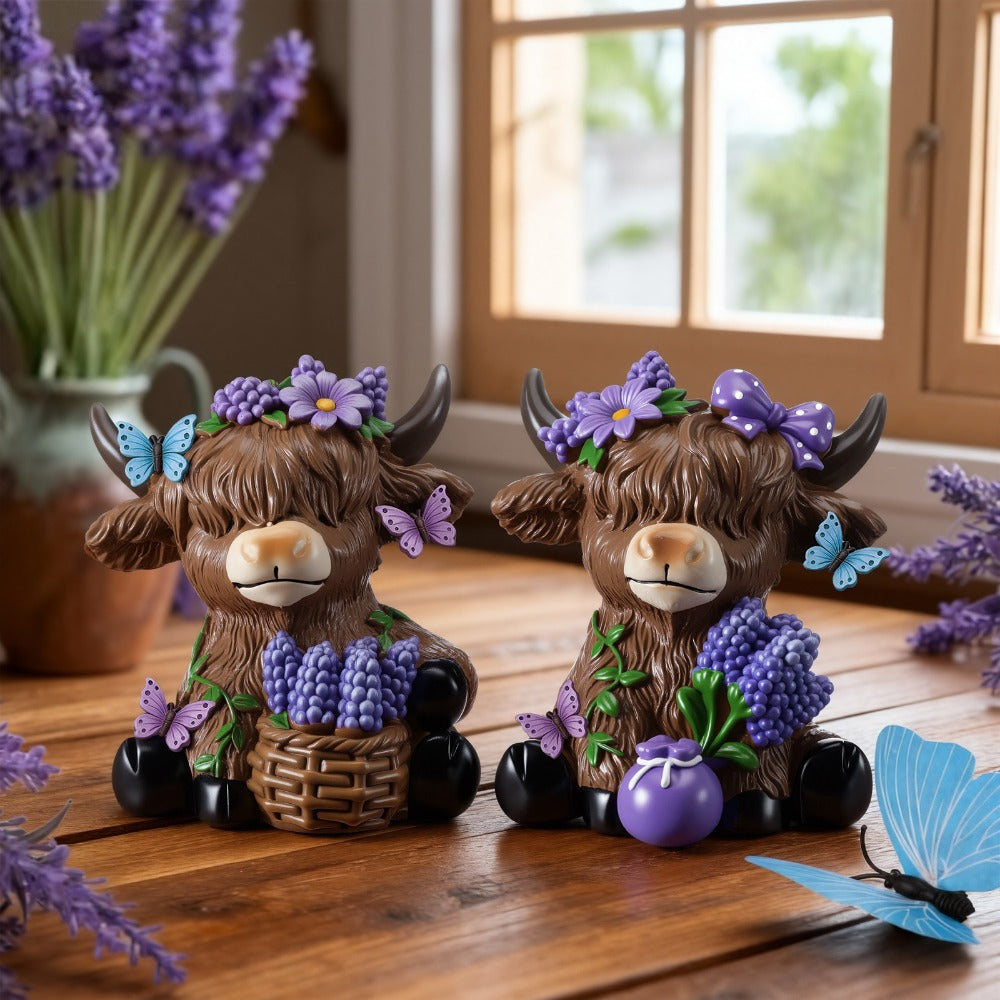 Scottish Highland Cow Figurines with Lavender - Resin Calf Statue Set of 2 for Home Garden Office Decor | Spring Table Centerpiece, Shelf Display & Housewarming Gift | Lavender-Themed Highland Cow Decor