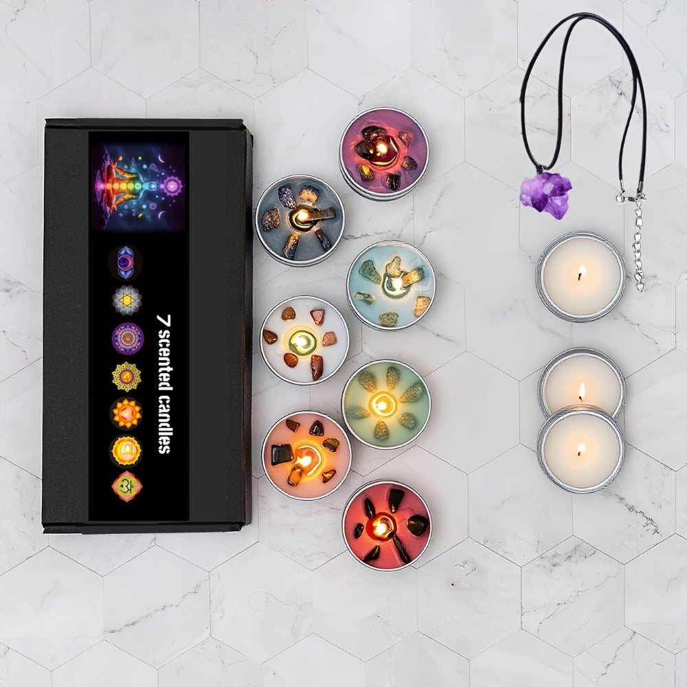 Scented Candle Gift Set 7 Soy Wax Candles with Natural Crystal Pendants 7 Colors Aromatherapy Candles for Home Decor Yoga Meditation Christmas Halloween Birthday Gift for Women Men
