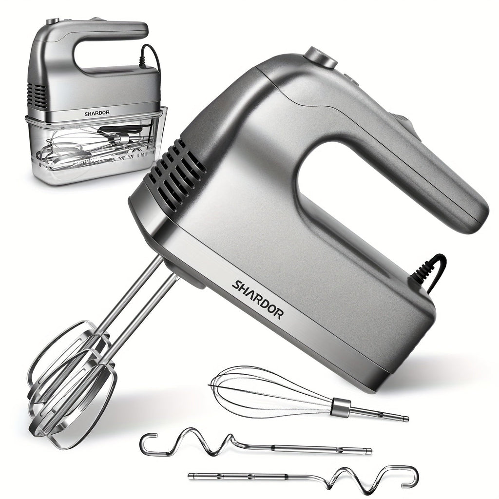 Electric Hand Mixer 6 Speed & Turbo with 5 Stainless Steel Accessories & Snap-On Storage Case ¨C Handheld Mixer for Whipping Cream Beating Eggs Mixing Cookie Cake Brownie Dough Batter | White Silver