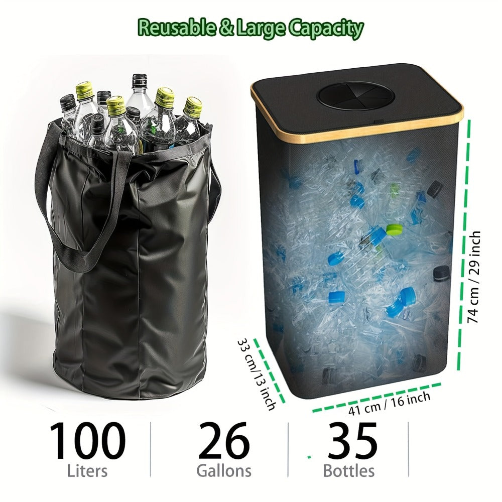 Recycling Bin 26 Gallon 100L with Lid & Removable Inner Bag, Large Collapsible Trash Can for Bottles Cans Glass & Plastic Waste, Open-Top Foldable Recycle Bin for Kitchen Garage & Outdoor Use