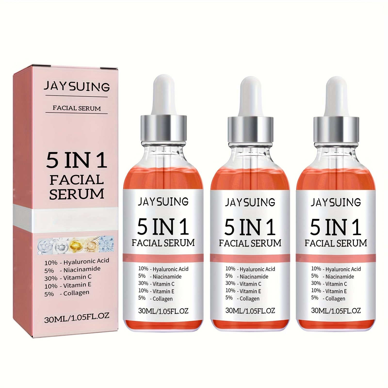 Facial Serum 5-in-1 with Hyaluronic Acid & Vitamin C ¨C 3 Pack 30ml, Hydrating Anti-Aging Skin Care Serum for All Skin Types, Alcohol-Free, Non-Irritating, Unisex
