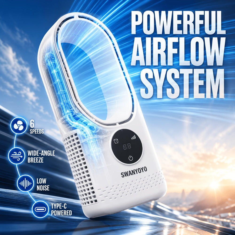 Portable Bladeless Fan USB Tower Fan, Desktop Air Conditioner Fan with Water Mist Cooling, Remote Control, Touch Screen, 7-Color LED Ambient Light and Timer, Personal Cooling Fan for Office, Travel, Camping, Home