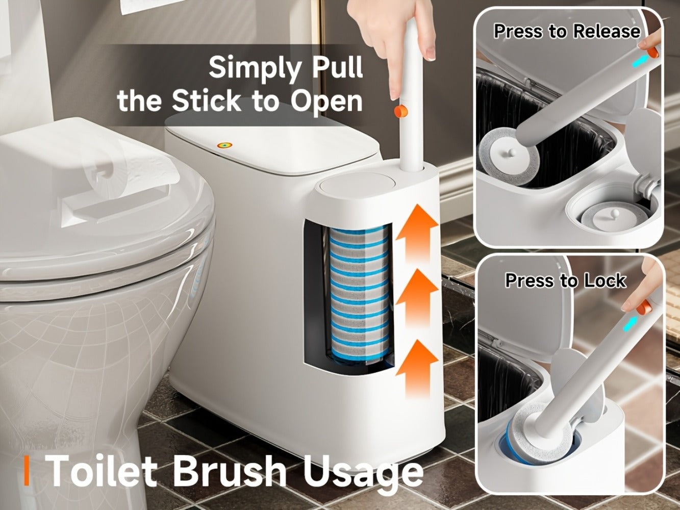 Toilet Brush and Trash Can 2-in-1 Set - Disposable Brush Heads Slim 7.7L Bathroom Waste Bin with Push Lid Hygienic No-Touch Cleaning System Space Saving ABS Plastic | White | RV Apartment Small Bathroom
