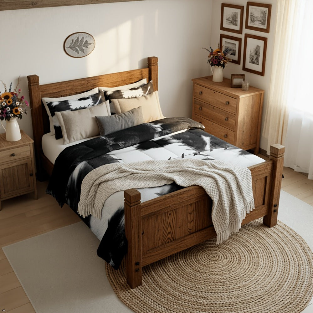 Cowhide Print Comforter Set 2/3pcs, Farmhouse Western Faux Animal Fur Bedding, Patchwork Cow Skin Quilt Set for All Beds, Soft Cozy Grey White