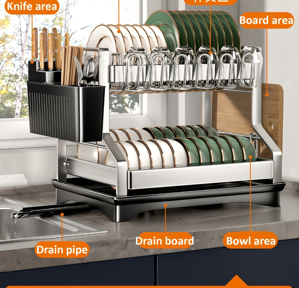 Stainless Steel 2-Tier Dish Rack with Auto Drainage | Rust-Resistant Kitchen Drying Rack for Dishes, Bowls, Cups & Utensils