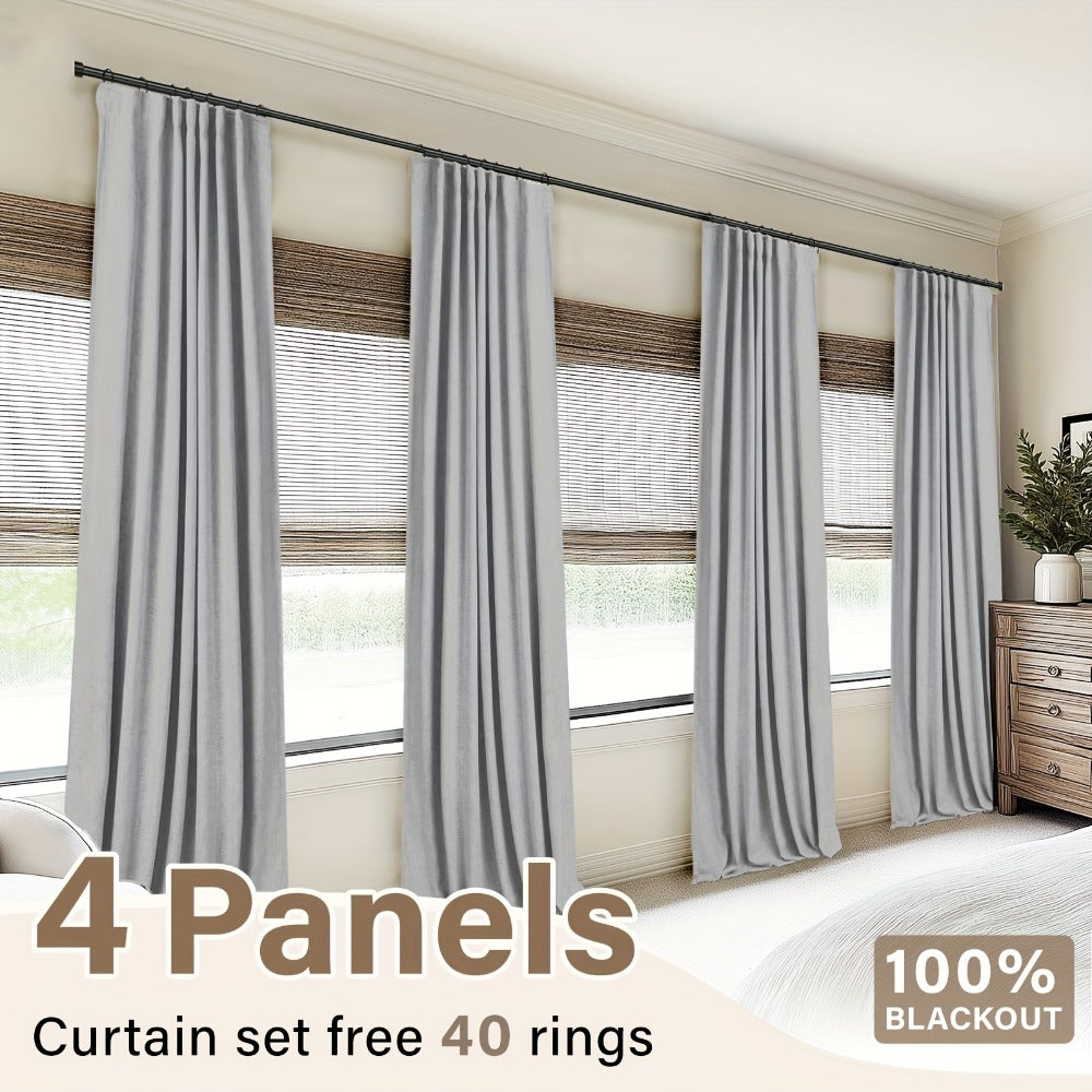 100% Blackout Curtains 4 Panels Faux Linen Textured Thermal Insulated Drapes - Room Darkening Window Curtains for Living Room Bedroom, Clip Rings & Rod Pocket, Energy Efficient Home Decor 50W x 84-120L