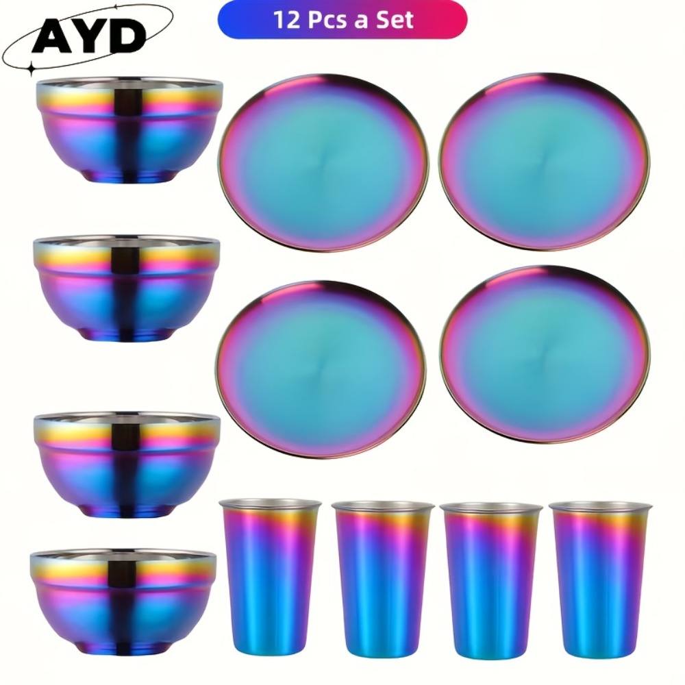 Camping Tableware Set Stainless Steel Rainbow Plates Bowls Cups with Forks Spoons Knives Lightweight Outdoor Dinnerware Kit for Family Picnic Backpacking Hiking