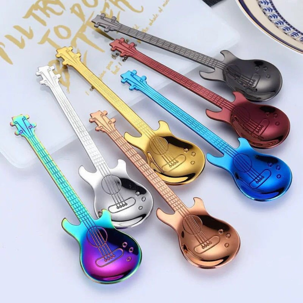 Guitar Shaped Spoons Set of 6 304 Stainless Steel Creative Teaspoons for Coffee Milk Tea Ice Cream Dessert - Colorful Novelty Cutlery Gift Set 7 Random Colors