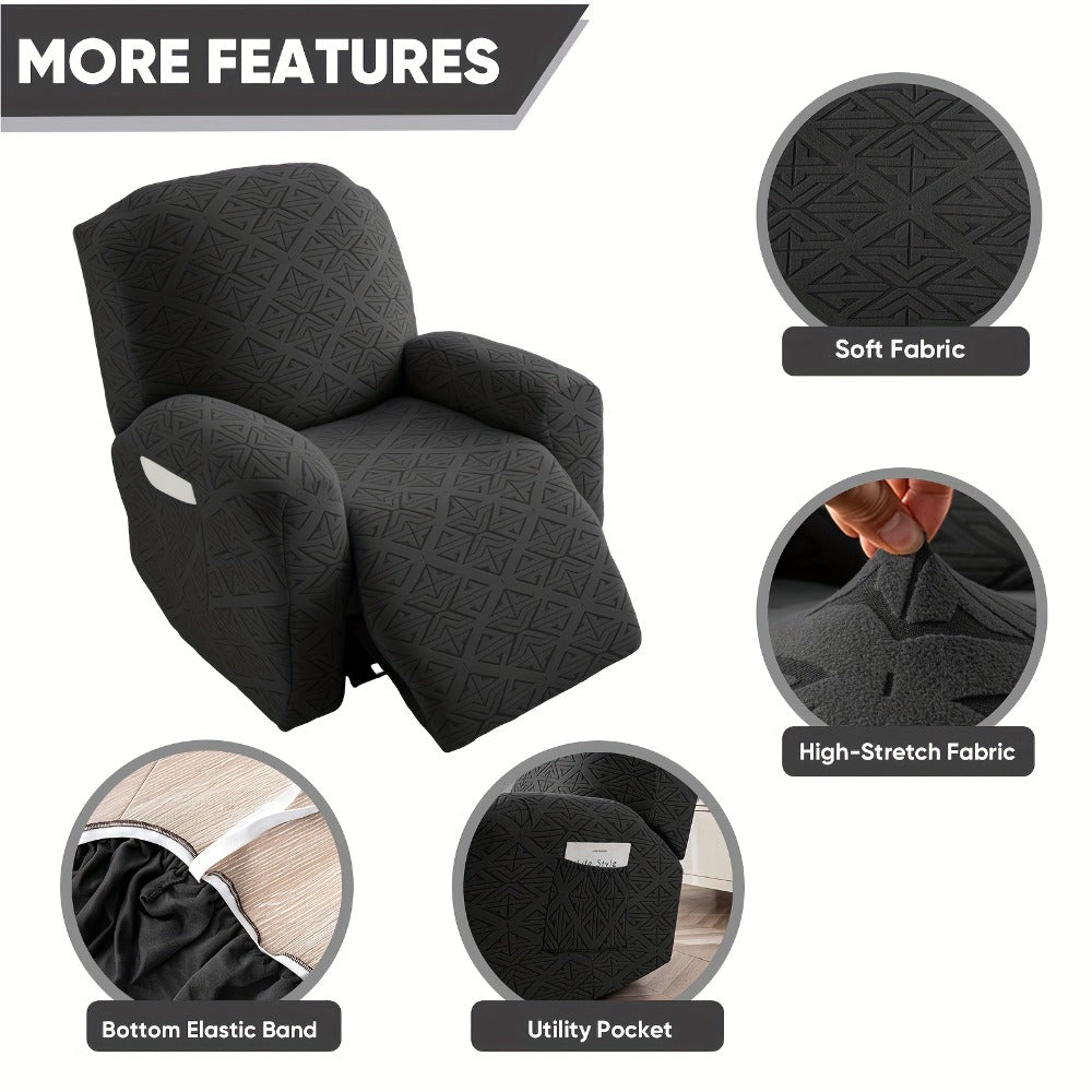 Stretch Recliner Chair Cover 4-Piece Slipcover Non-Slip Elastic Recliner Protector Polar Fleece Jacquard Fabric Pet Scratch Proof Easy Install for Lazy Boy Recliner