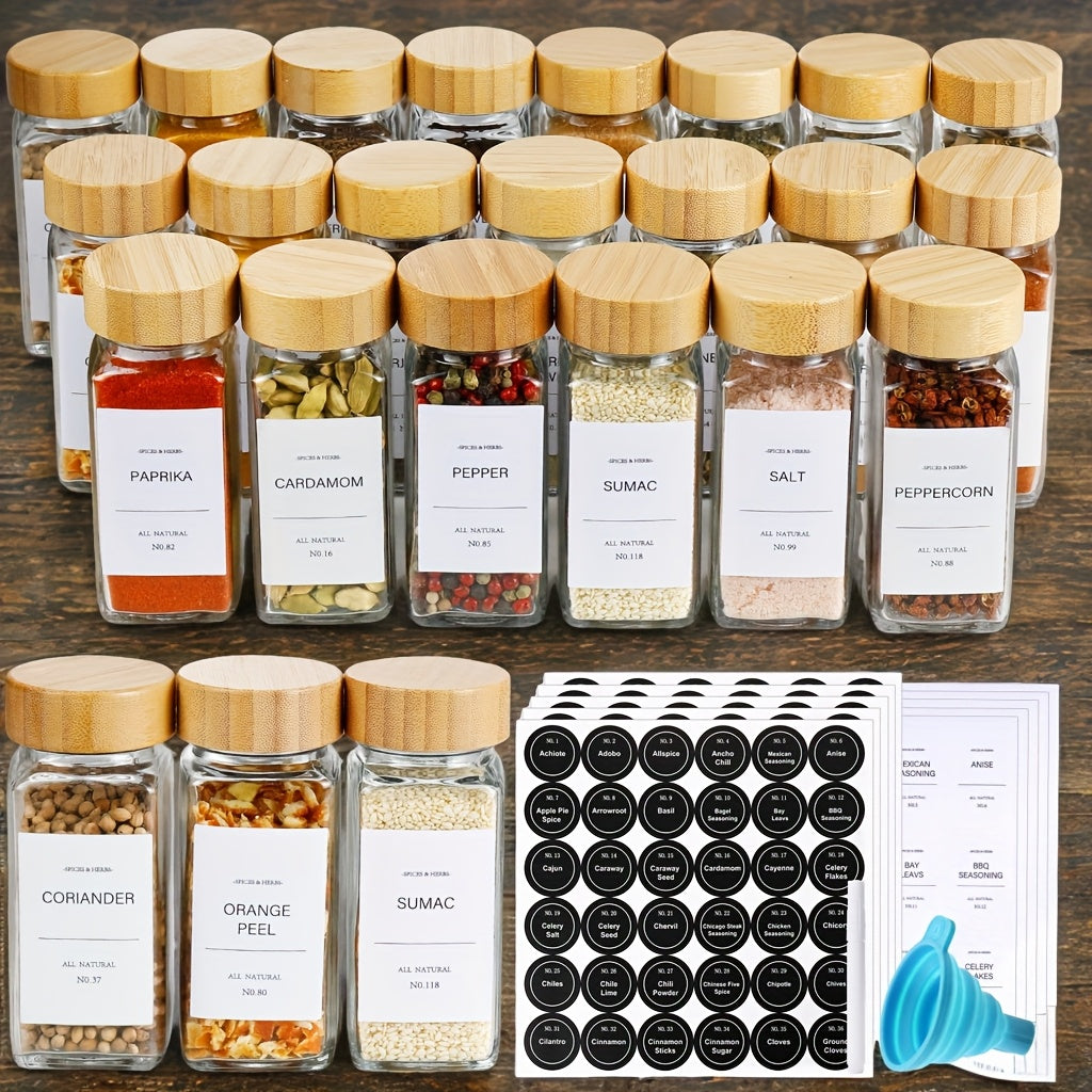 Glass Spice Jars with Labels and Lids 4oz, Empty Spice Bottles with Foldable Funnel for Kitchen Organization, Airtight Condiment Storage Containers for Herbs and Seasonings, Set of 15 24 or 36 Pieces