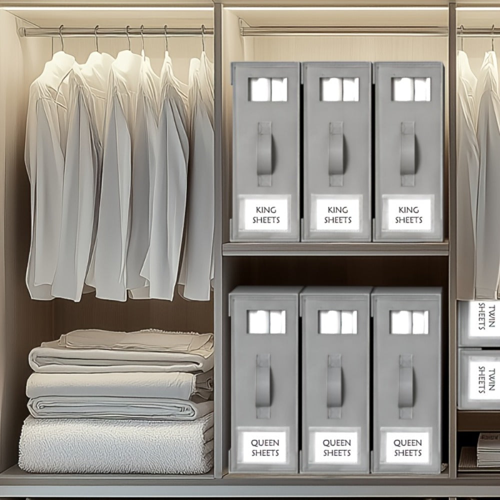 Bed Sheet Storage Organizer Boxes 4-Pack Foldable Fabric Bins with Clear Window & Label, Closet Bedding Storage Box for Sheets Duvet Covers Blankets Pillowcases, Oxford or Non-Woven, Grey Beige