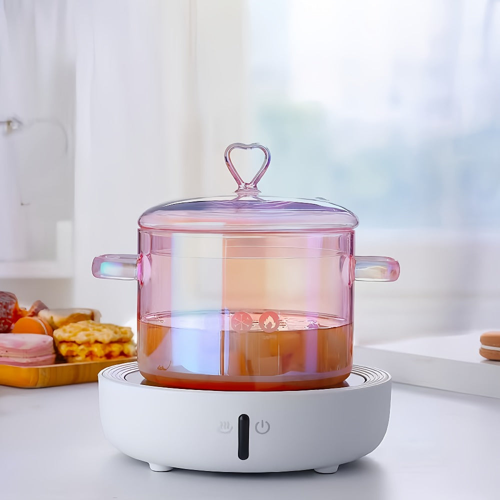 Pink Glass Cooking Pot with Heart-Shaped Lid 1500ml - Multifunctional Boiling Stewing Pot for Pasta Soup Congee Noodles Compatible with Electric Ceramic Stove (Pink)