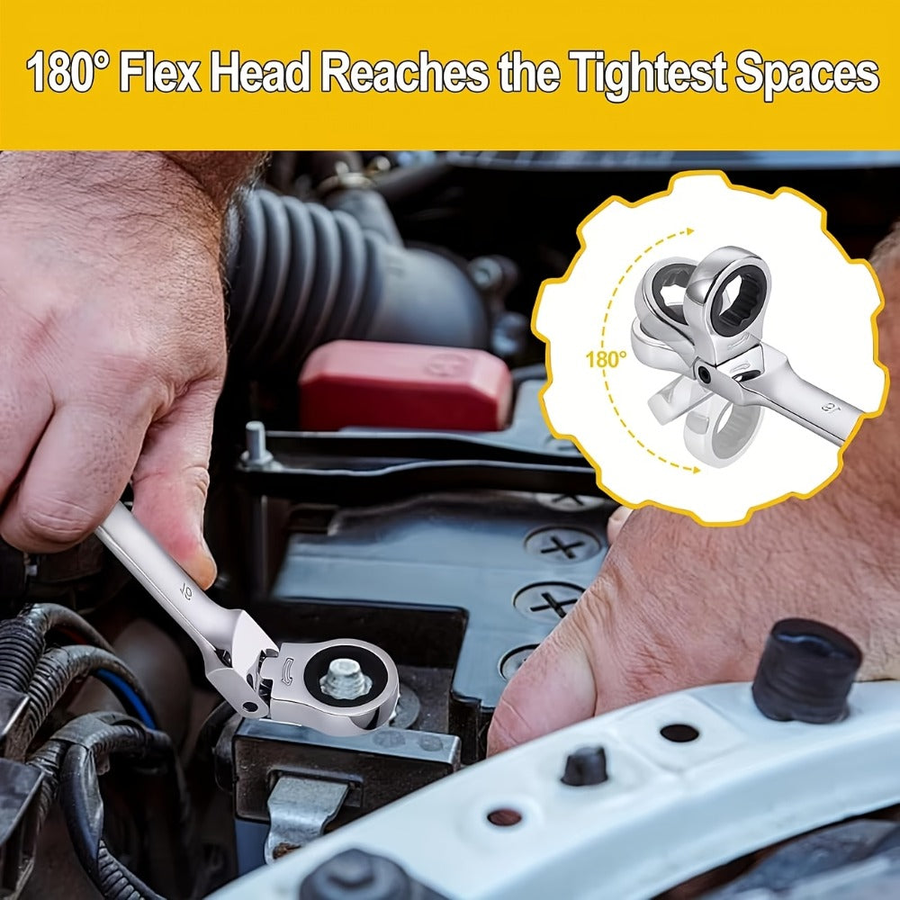 Wrench Set 10-Piece Multi-Function ¨C 8 Hex Wrenches, Flare Wrench & 10mm Ratchet Wrench, Chrome Vanadium Steel, 180¡ã Rotating Double-Ended 72-Tooth Precision Gear Design