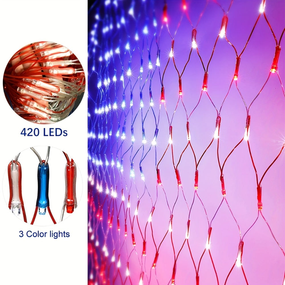American Flag LED Net Light 420 LEDs ¨C Patriotic String Lights for 4th of July, Memorial Day, Independence Day, Christmas & New Year, Indoor Outdoor Garden Yard Decor, Plug-In 6.6x3.3ft