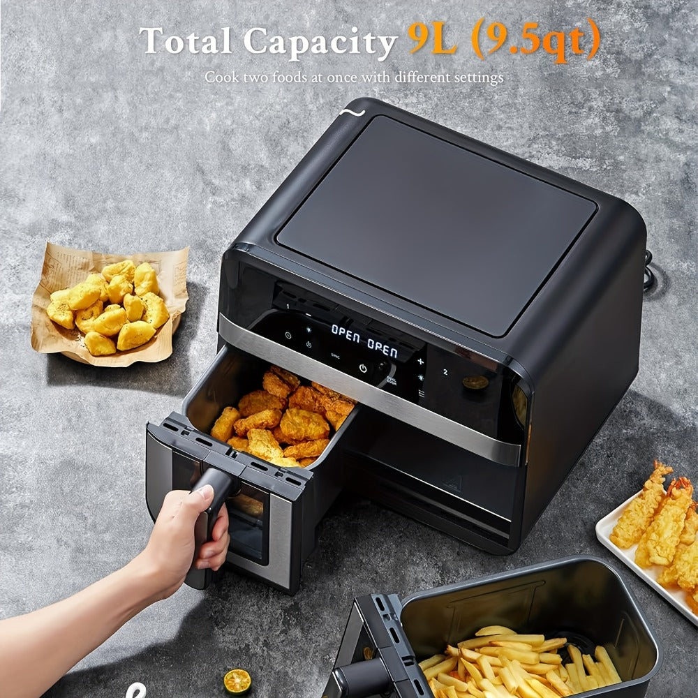 Dual Basket Air Fryer 9.5Qt ¨C 2x4.75Qt Independent Zones, Smart Finish Match Cook, 2400W, 8 Presets, Air Fry Roast Bake Grill, Energy Saving Family-Size Double Basket Air Fryer