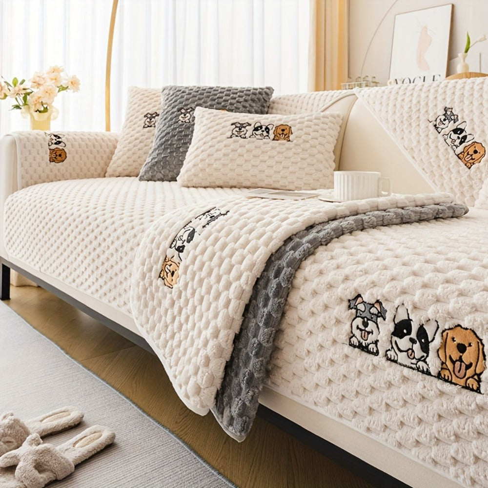 Velvet Sofa Slipcover Honeycomb Texture 1pc - Cute Dog Embroidery Bohemian Style Non-Slip Pet Friendly Machine Washable Polyester Couch Cover | Gray Khaki White | 2 3 4 Seat Living Room Home Decor