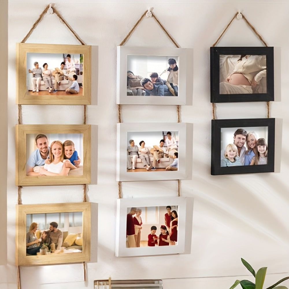 Picture Frame Set 4pcs Wooden Glass 4x6 with Flip-Top Display ¨C Collage Photo Frames for Wall & Desktop, Interchangeable Mat, Home Decor Room Aesthetic ¨C Wedding, Housewarming & Holiday Gift (White/Brown)