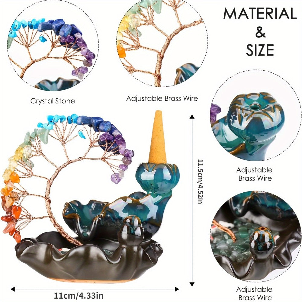 Backflow Incense Burner Crystal Money Tree Waterfall Smoke Incense Holder Ceramic Cone Stick Burner for Yoga Meditation Home Decor Altar Decoration
