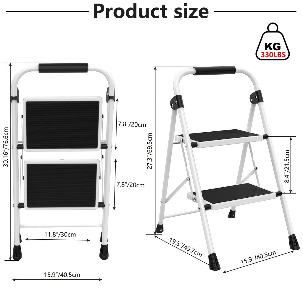 Heavy Duty Folding Steel Step Stool with Storage Shelf & Wide Anti-Slip Pedal, 800 lbs Capacity, 2/4-Step Sturdy Portable Step Ladder for Home, Garage & Workshop, Black, Grey & White