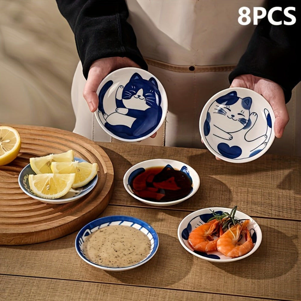 Ceramic Dipping Bowls Set of 8 Cat Shaped Mini Soy Sauce Dishes 4 Inch Small Condiment Bowls for Side Dishes Appetizer Serving Home Kitchen Restaurant Cat Lover Dinnerware Gift