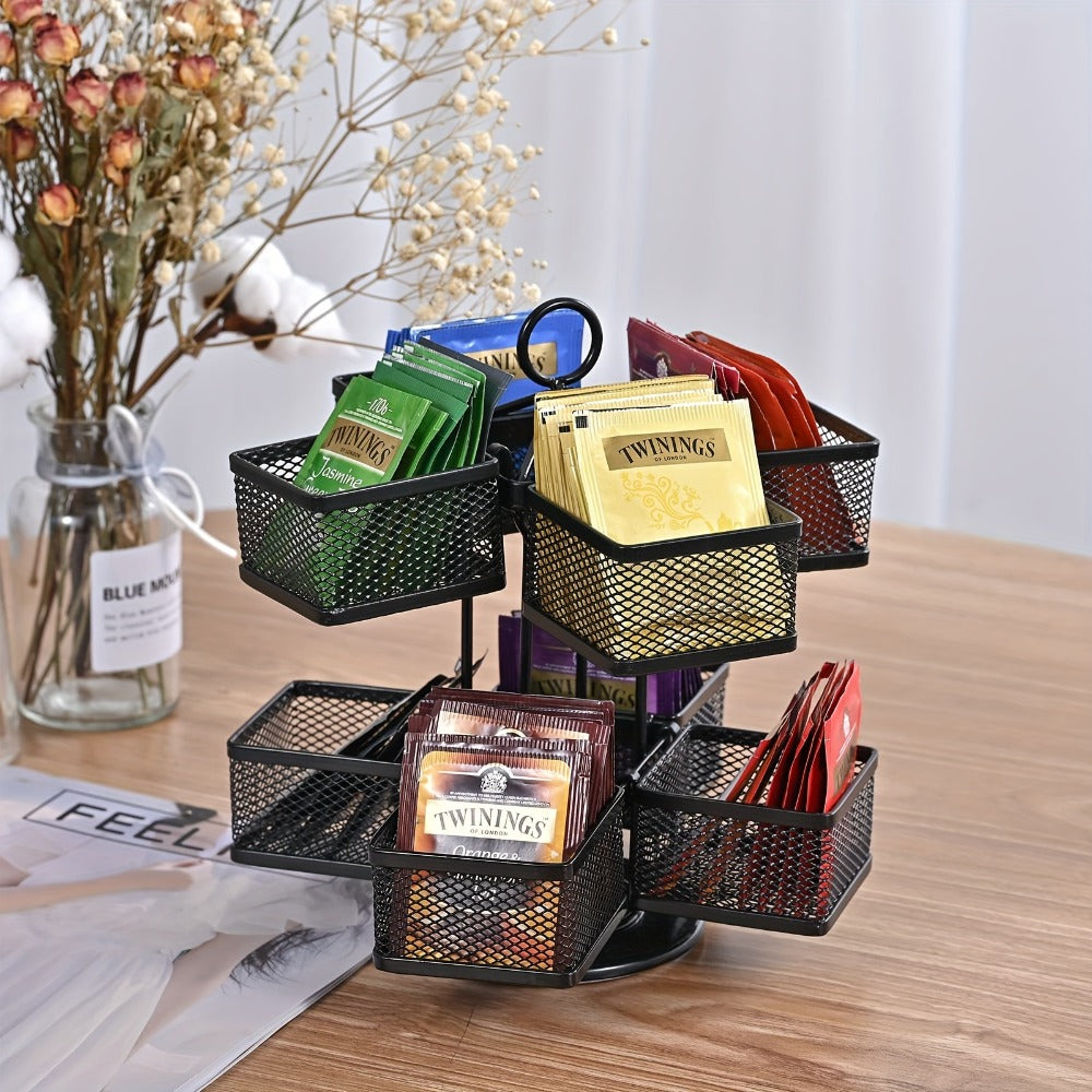 Tea Bag Organizer 360-Degree Spinning Carousel with 8 Compartments ¨C Lazy Susan Tea Bag Holder Display Rack for Kitchen Counter Coffee Bar Home Office ¨C Black