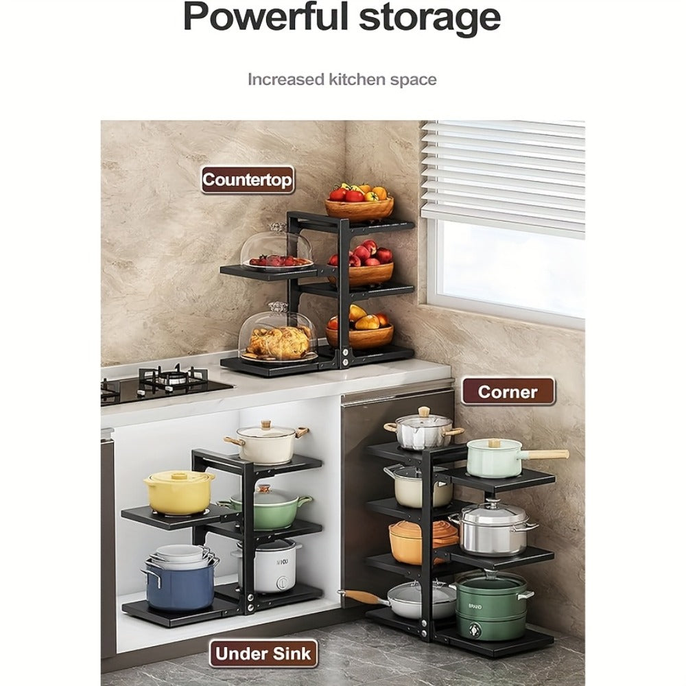 Kitchen Storage Rack Multi-Tier Adjustable - Drain Organizer for Pots Pans and Cutlery with Paint Finish, Floor Standing or Wall Mountable Pot Rack for Kitchen Counter and Cabinet, Available in 2 to 7 Tiers in Black White and Grey