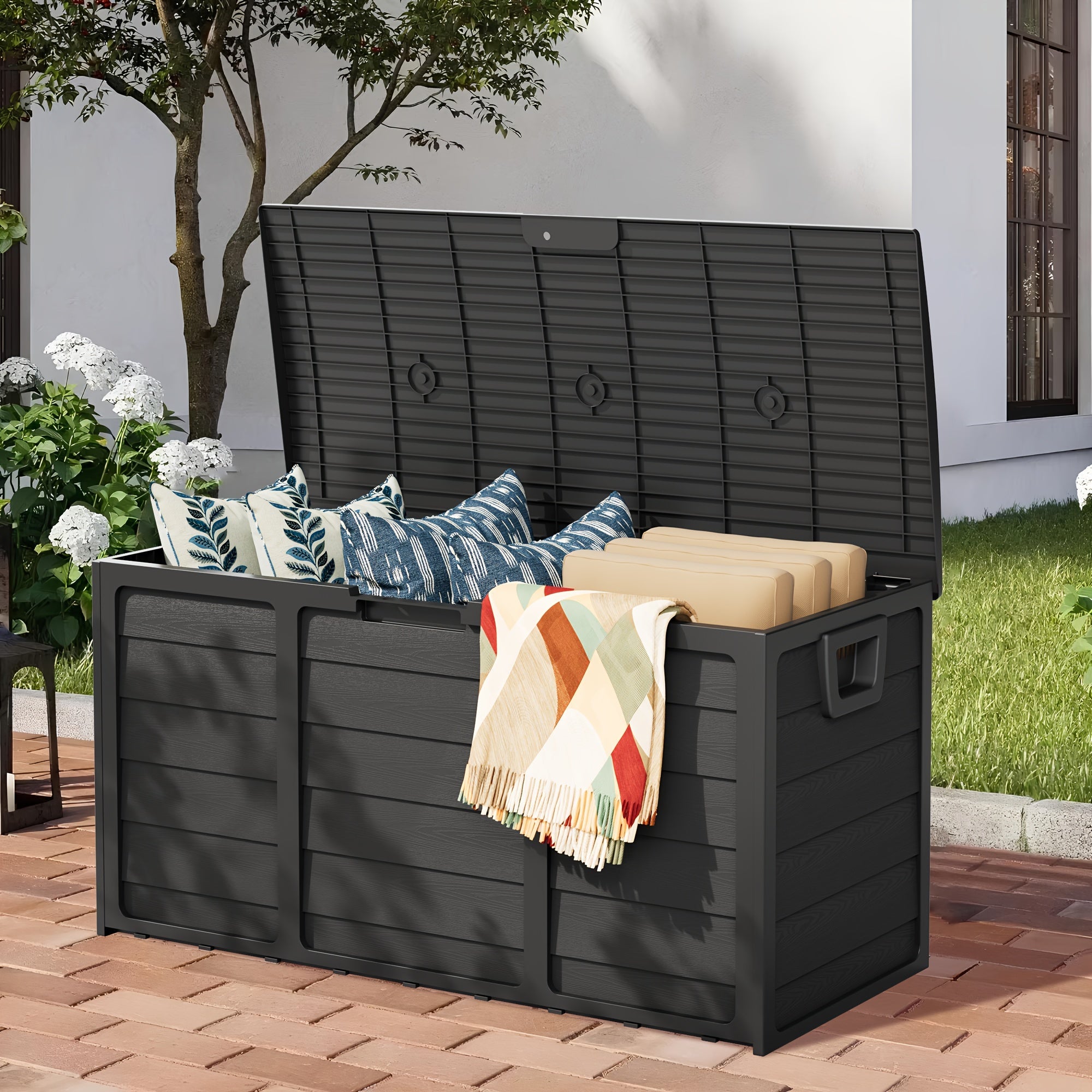 Outdoor Storage Box 75 Gallon Resin Deck Box with Handles ¨C Waterproof Lockable Container for Pool Accessories, Garden Tools, Camping Gear & Patio Storage, Easy Assembly