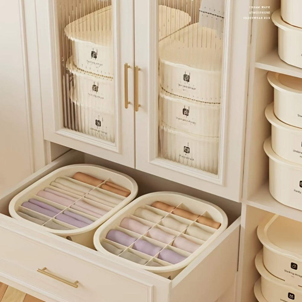 Drawer Organizer for Underwear Socks 3 Pack Closet Divider Storage Box Foldable Wardrobe Organizer Bins for Bras Ties Scarves Bedroom Dresser Dorm Beige