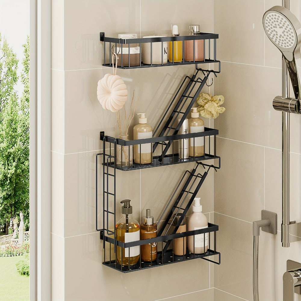 Floating Wall Shelf 3 Tier Black Metal Ladder Shelf - Fire Escape Decorative Wall Shelves for Bedroom, Bathroom, Home Office Storage and Display, Room Decor, Wall Art Shelf