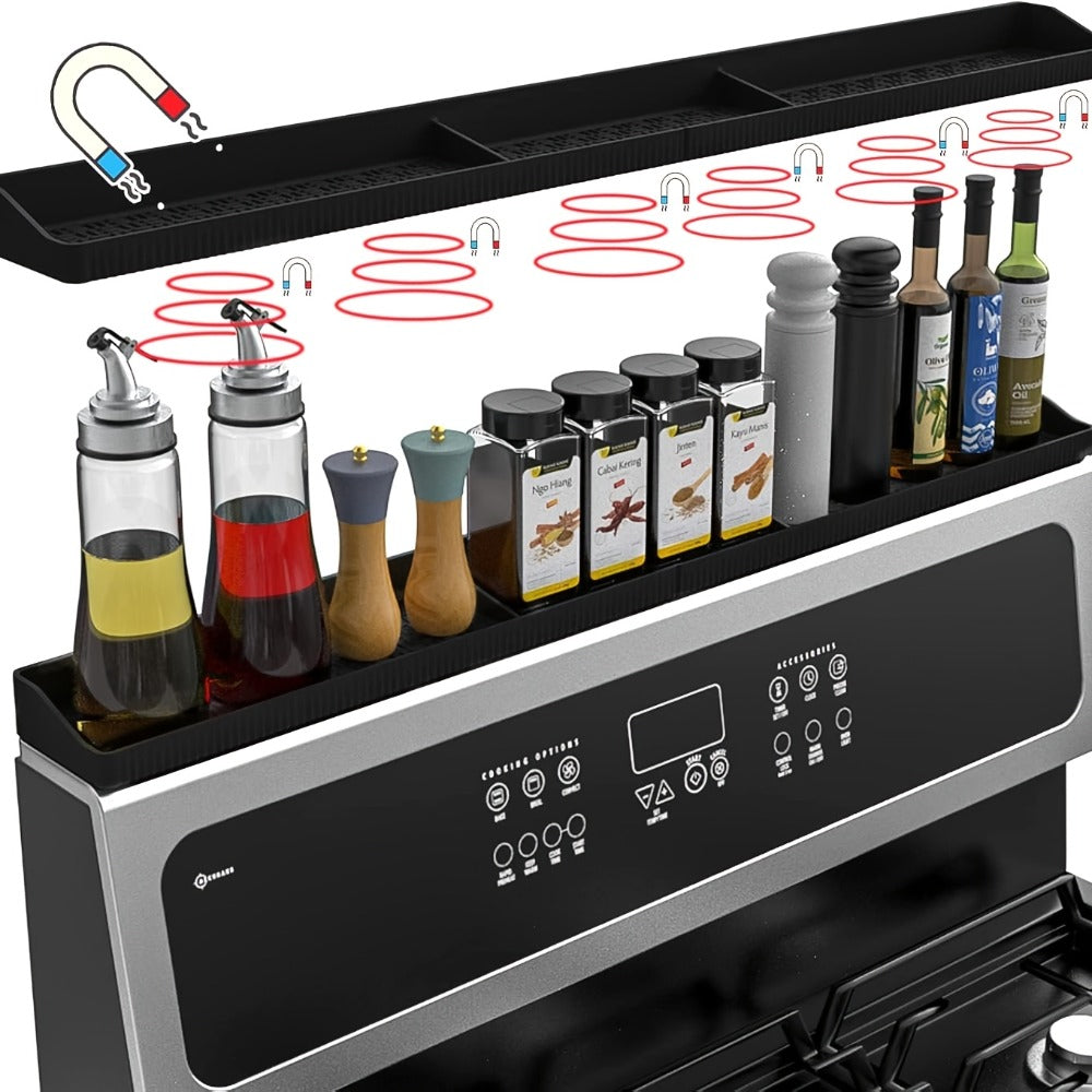 Magnetic Stove Top Shelf Organizer Silicone Spice Rack 30 Inch Heat Resistant Flexible Over Oven Kitchen Storage Organizer Strong Magnetic Mount Black