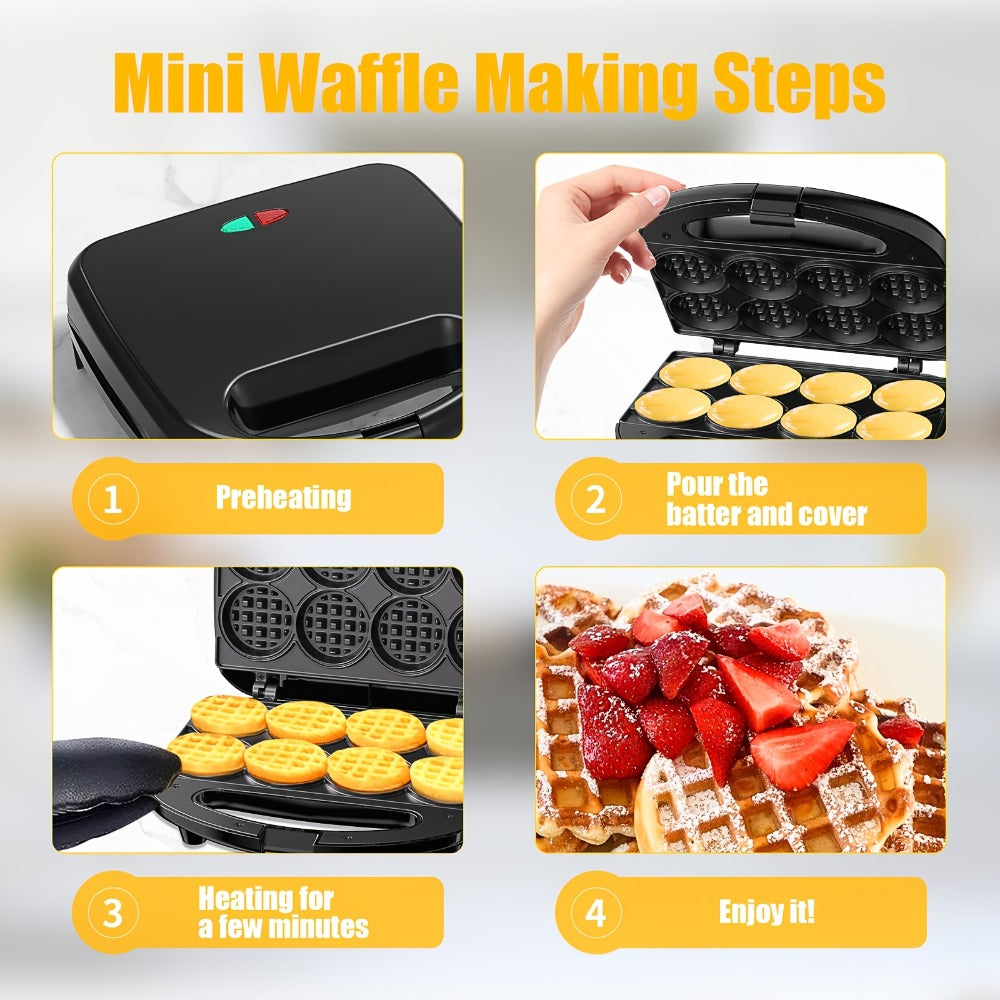 Mini Waffle Maker Machine Makes 8 Bite-Sized 2-Inch Waffles, Dual Non-Stick Aluminum Plates, Cool-Touch Handle, Compact Space-Saving Design for Family Breakfast, Snacks & Desserts