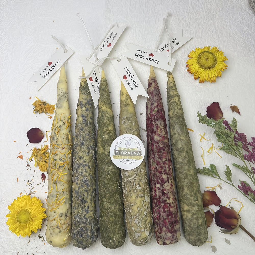 Handmade Herbal Scented Candles Set of 6 ¨C Dried Flower Pillar Candles, Sage Lavender Cedar Mint Rose Scents, 12Hr Burn, Aromatherapy Yoga Meditation Sleep Aid, Wedding Home Decor Holiday Gift