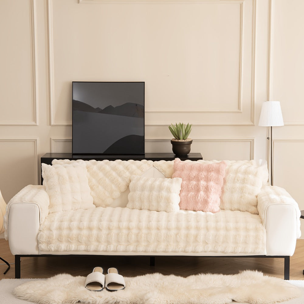 Bubble Soft Faux Rabbit Fur Sofa Cover - Non-Slip Silicone Backing Stretchable Slipcover Pet Friendly Machine Washable for Living Room Bedroom Dorm, 4 Colors Multiple Sizes