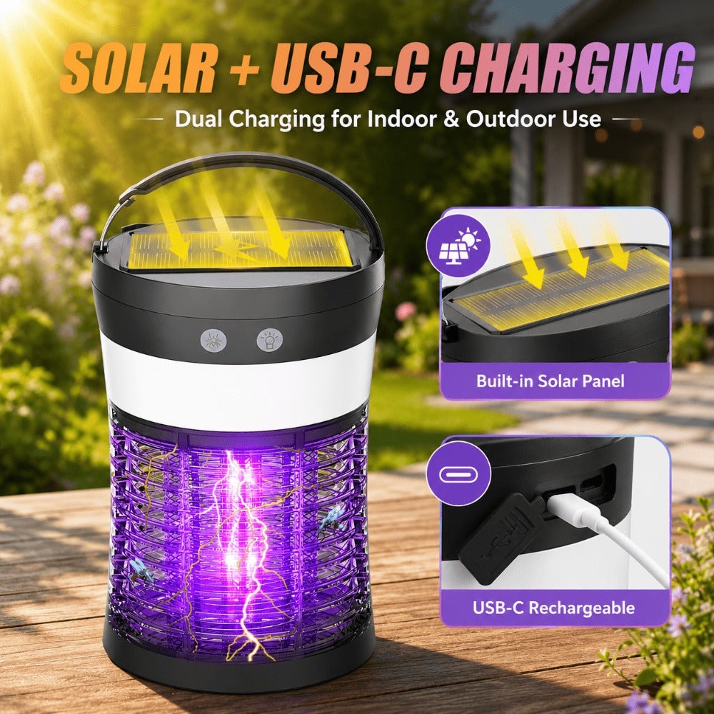 Solar Bug Zapper Electric 3-in-1 ¨C 3000V UV 365nm Mosquito Killer Rechargeable Insect Fly Trap with White Light & Flashlight, 2100 Sq Ft Coverage for Indoor Outdoor Home Patio Backyard Camping ¨C Black