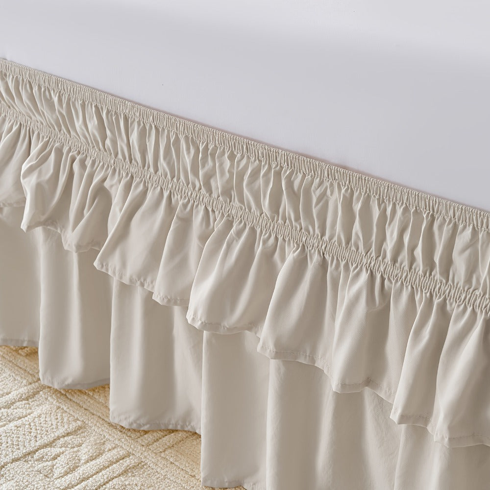 Double Ruffle Bed Skirt 16¡± Drop | Elastic Wrap Around Dust Ruffle for Twin Full Queen King Bed | Easy Install Machine Washable Soft Linen Poly Blend Bedskirt