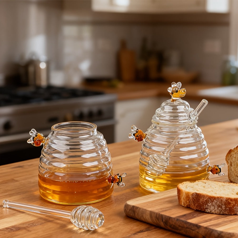 Glass Honeycomb Honey Jar with Lid and Stirrer | 480ml High Borosilicate Transparent Storage Container for Home Kitchen Wedding Party
