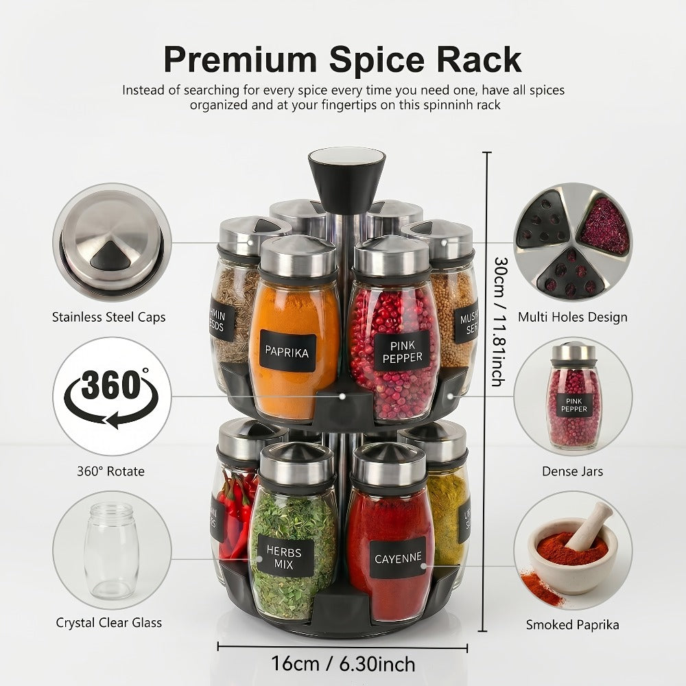 Glass Spice Jar Set with Rotating Rack ¨C Airtight Kitchen Spice Organizer with 360¡ã Stainless Steel Stand ¨C Food Grade Glass Seasoning Bottles for Pantry, Cabinet & Countertop Storage ¨C 6 or 12 Piece