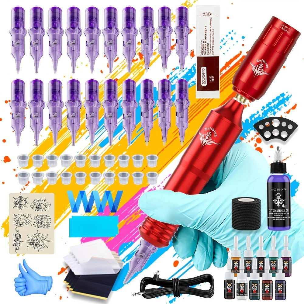 Rotary Tattoo Machine Kit 67pcs ¨C Complete Wireless Tattoo Pen Set with Cartridge Needles, Power Supply, Practice Skin, Inks & Transfer Paper for Beginners & Artists