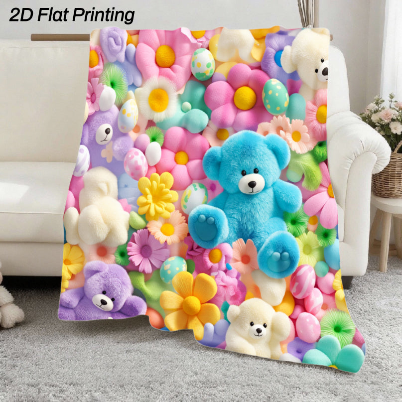 Bear Print Flannel Throw Blanket - Cute Soft Plush 2D Flat Printed Cozy Bedspread for Sofa Bed Camping Travel, Adorable Animal Pattern Gift Blanket Multi-Color